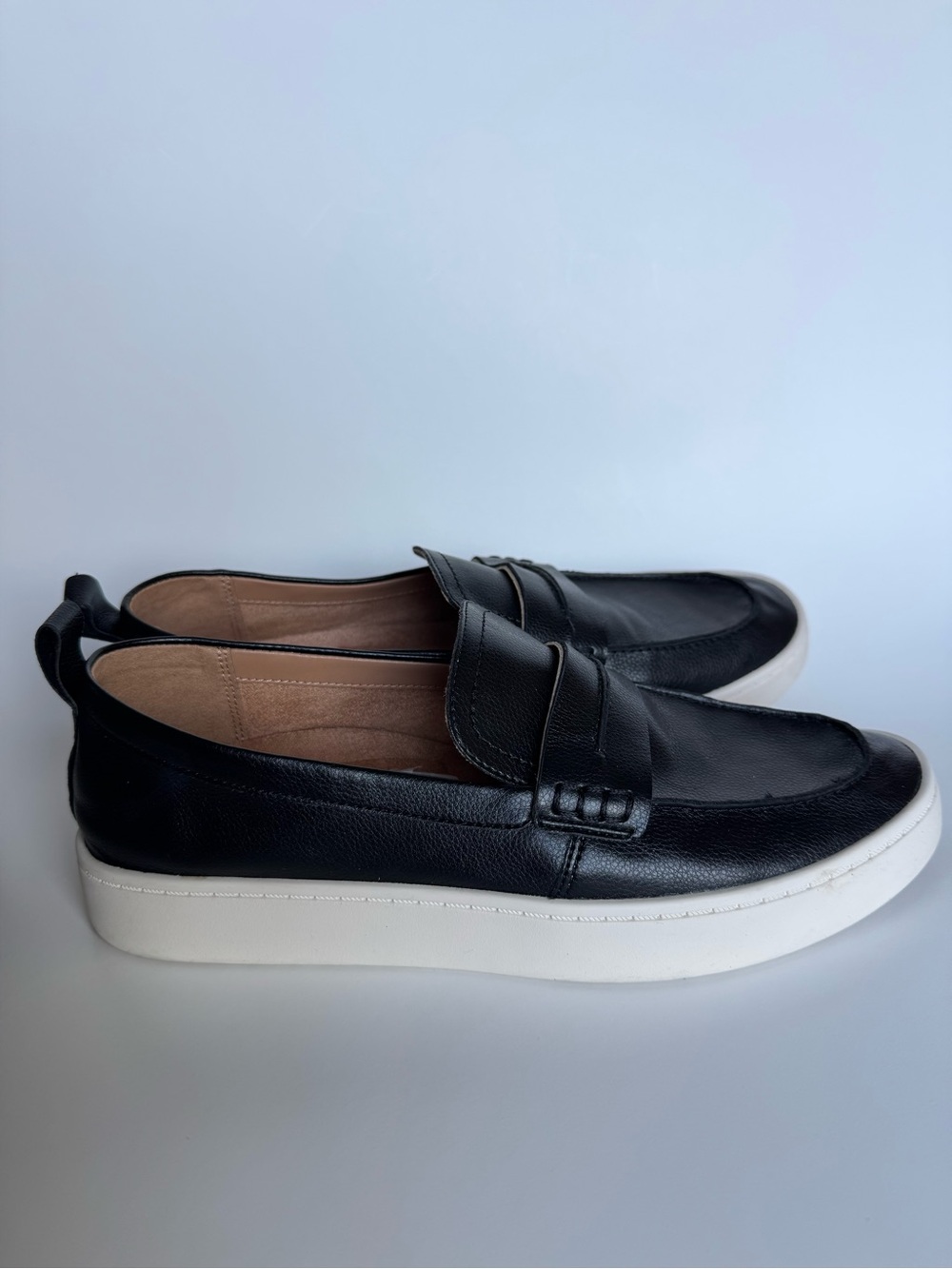 Vionic Black Leather Slip-On Loafers with White Platform Sole